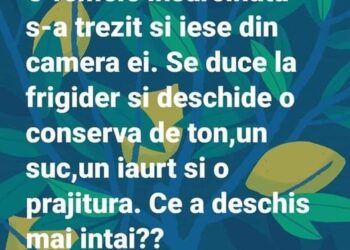 O femeie însărcinată se trezește și iese din cameră. Se duce la frigider și deschide o cutie de ton, un sifon, un iaurt și o prăjitură…..