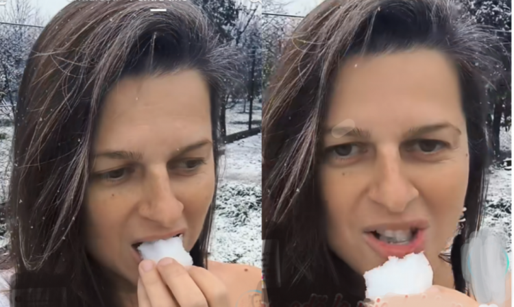 Frumușica doamnă cu melci mănâncă zăpadă bună la micul dejun. Nu o lăsați nepăzită pe partie la Clăbucet!